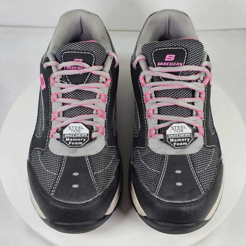Skechers Work Steel Toe Memory Foam Shoes Black Grey Pink 76601‎ BKGY Womens 7.5